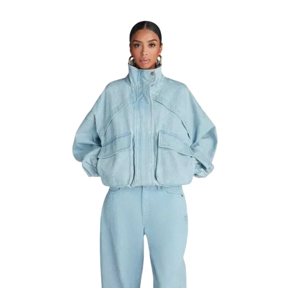 KBB by Kahlana Women's Light Wash Cropped Denim Bomber Jacket Size Medium